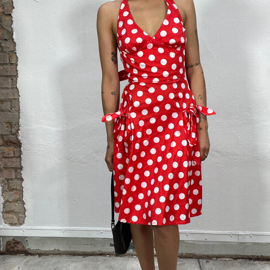 Vintage 90's Pin Up Girl Red Halter Neck Polka Dot Dress with Bow Detail (S)