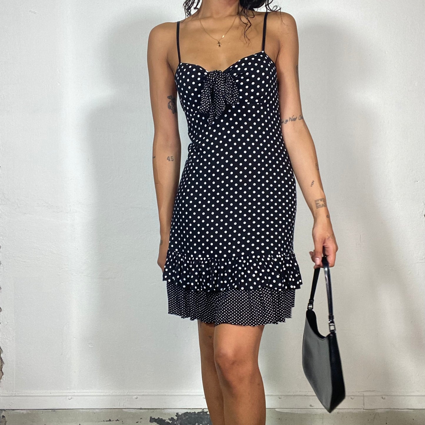 Vintage 2000's Italian Summer White and Black Polkadots Dress with Bow & Frilled Detail (XS)