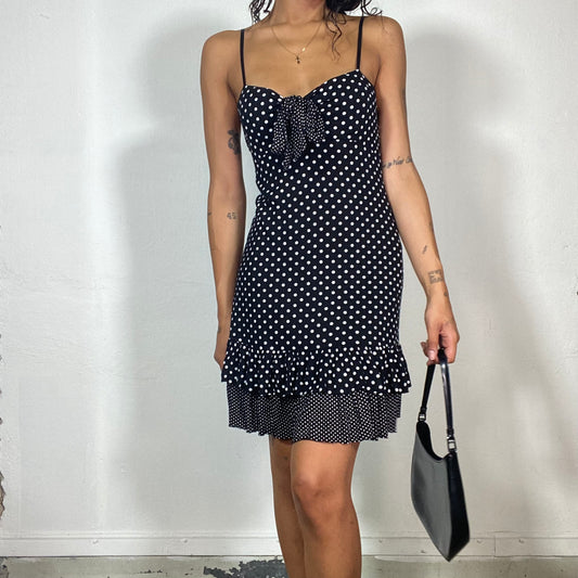 Vintage 2000's Italian Summer White and Black Polkadots Dress with Bow & Frilled Detail (XS)