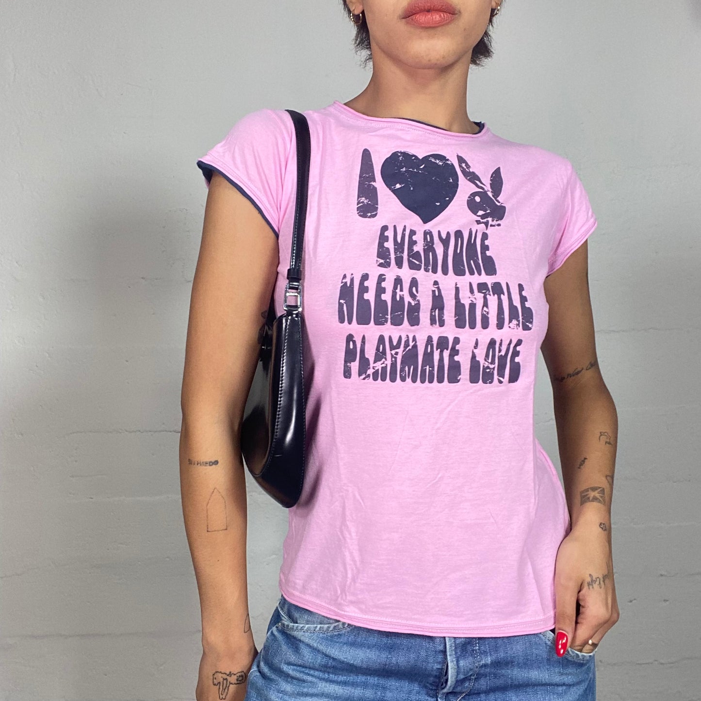 Vintage 2000's Playboy Soft Girl Pink Top with Black Typography Playmate Print (S/M)