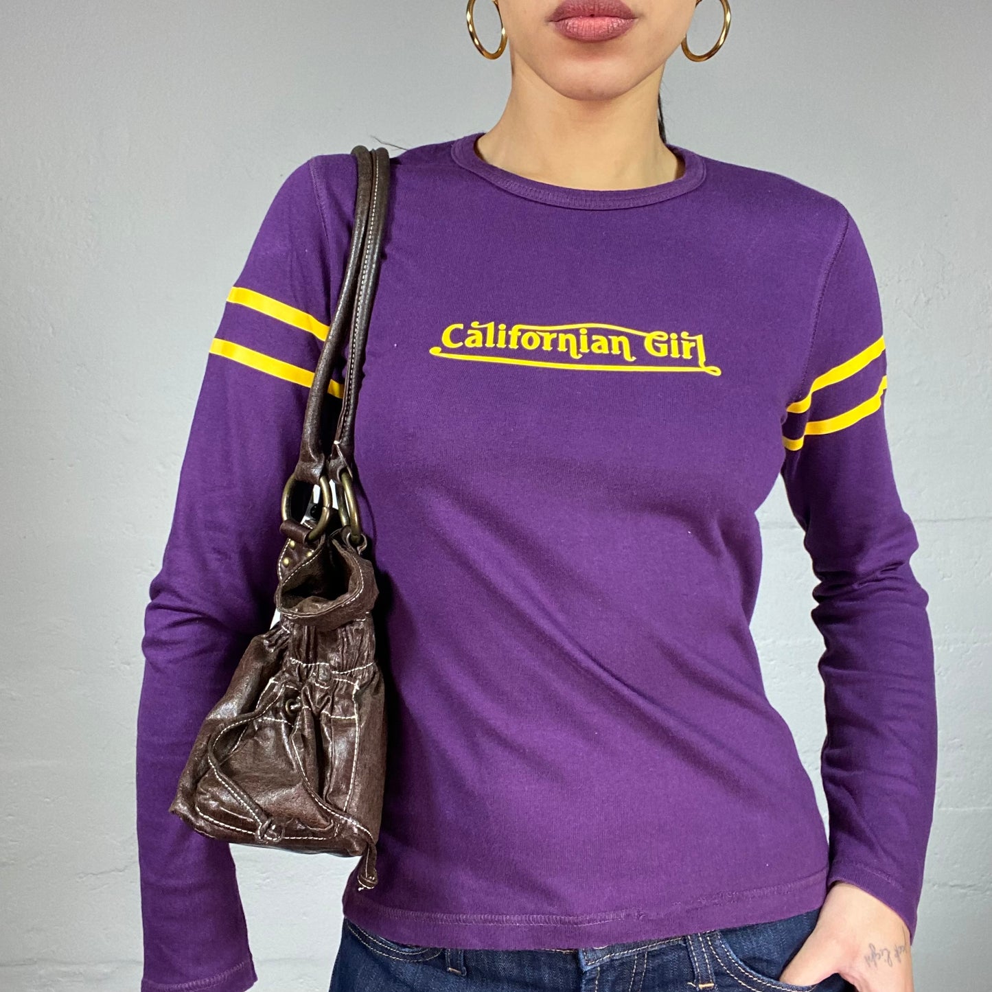 Vintage 2000's College Girl Purple Longsleeve Top with Yellow "Californian Girl" Print (S)