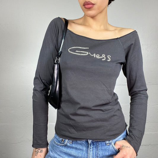 Vintage 2000's Guess Downtown Girl Grey Longsleeve Open Collar Top with Brand Print Detail (S)