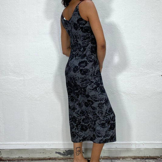 Vintage 90's Phoebe Buffay Grey Maxi Dress with Black Rose Print (S)