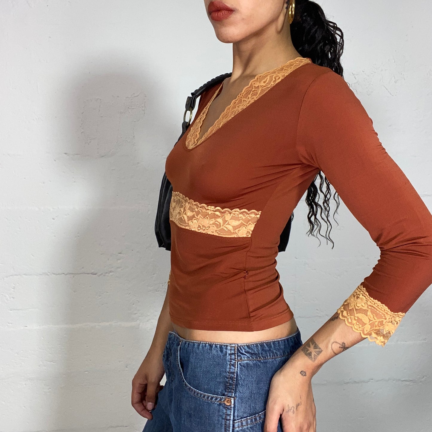 Vintage 2000's Rachel Green Brown Top with Mustard Lace Trim Detail (S)