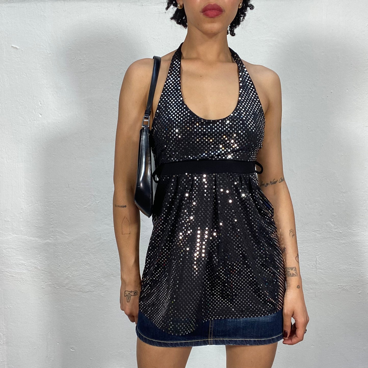 Vintage 2000's Nigh Out Black Shimmery Polka Dot Baby Doll Top (S)