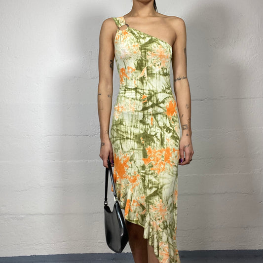 Vintage 2000's Indie Tie Dye Green One Shoulder Maxi Dress with Orange Sparks Print Detail (M)