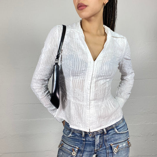 Vintage 2000's Corpcore White Longsleeve Zip Up See Through Shirt with Floral Embroidery Detail (S)
