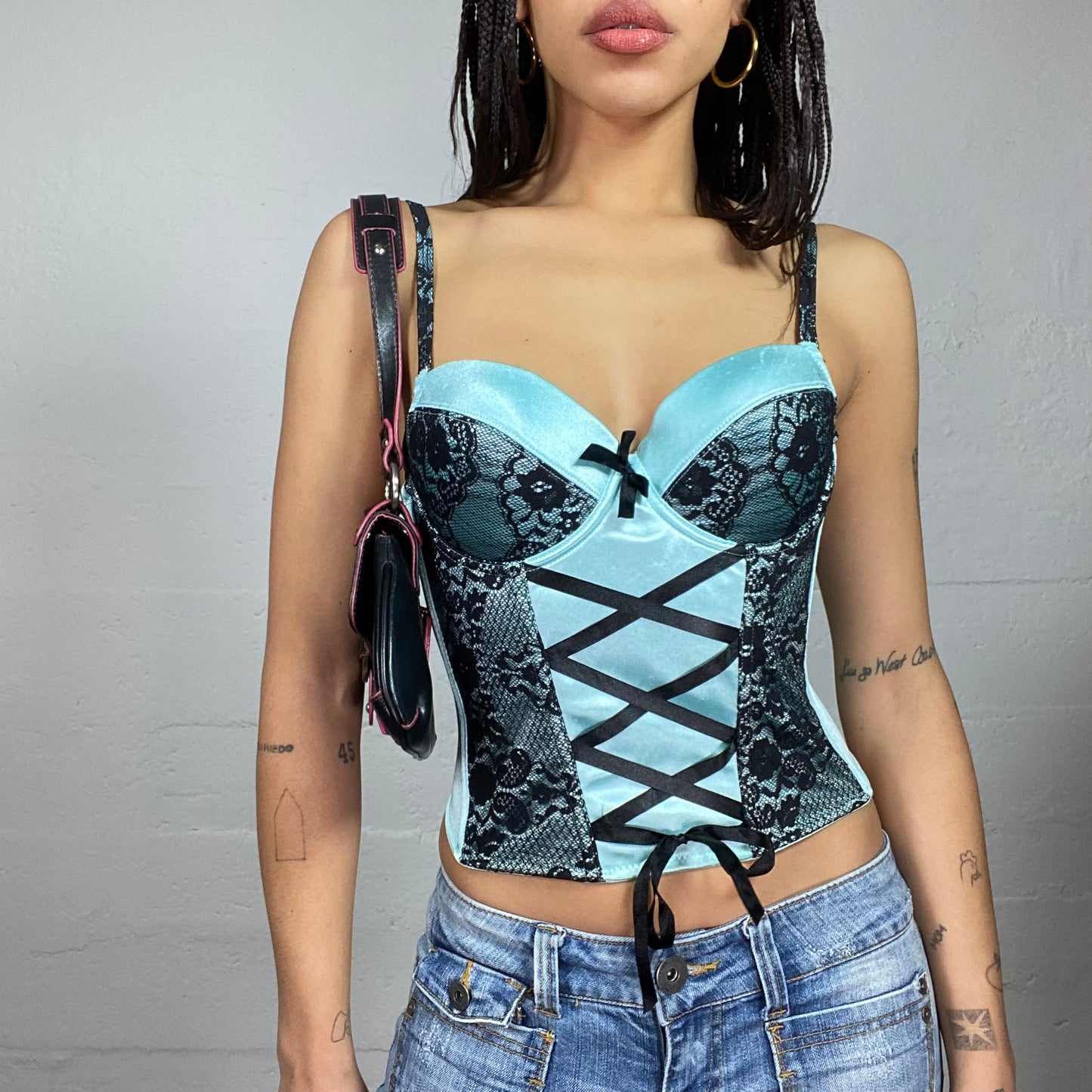 Vintage 2000's Festival Turquoise Corset Top with Black Lace and Ribbon Detail (S)