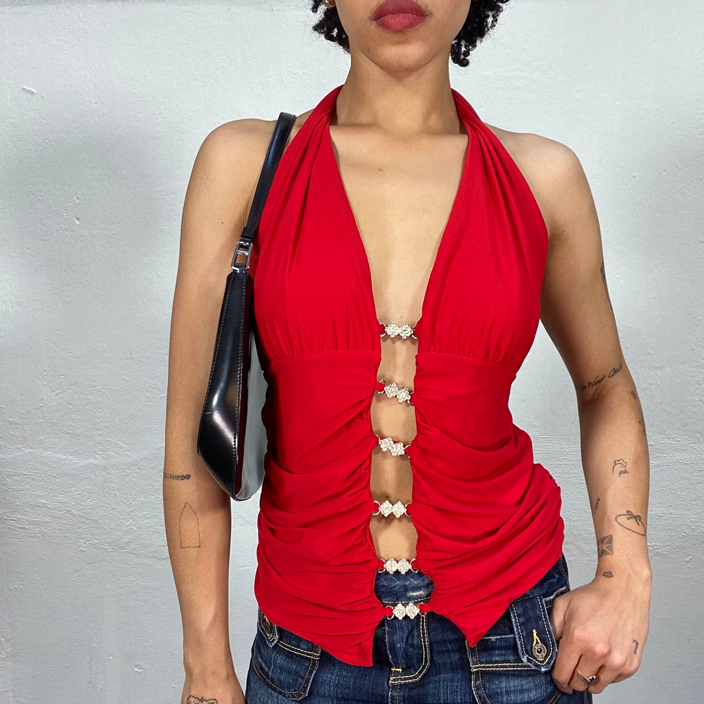 Vintage 2000's Clubwear Red Halter Neck Top With Rhinestone Front Detail (S/M)