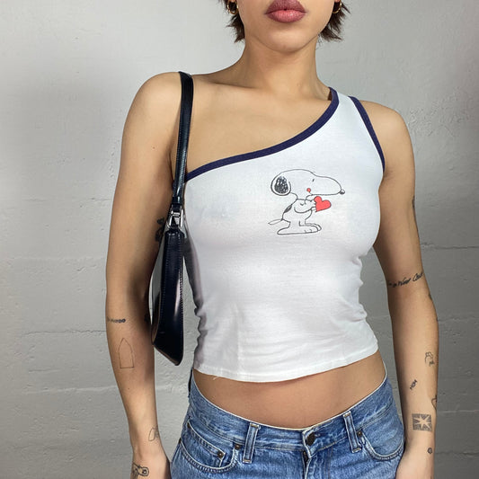 Vintage 2000's Cute Girl White One Shoulder Top with Snoopy Cartoon Print (M)
