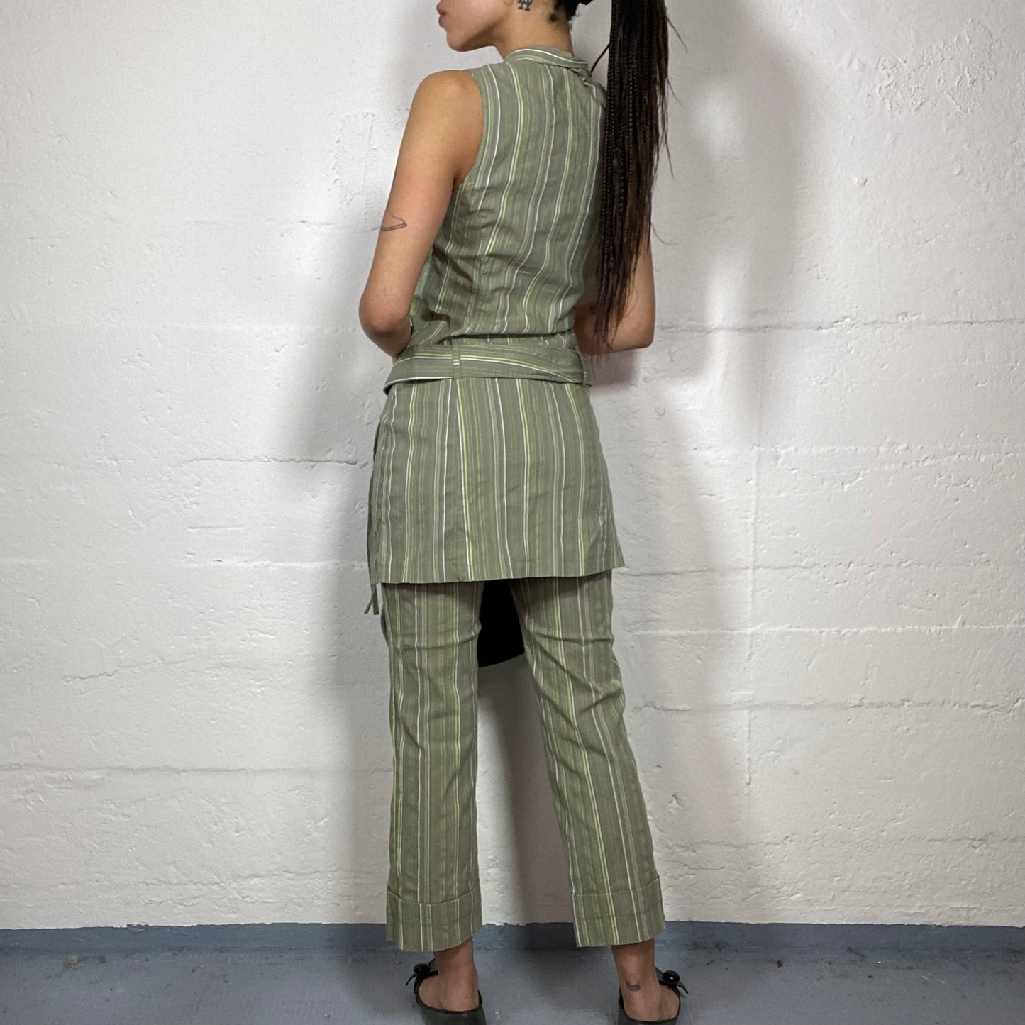 Vintage 2000's Model Off Duty Khaki Stripes Set (Long Top and Pants) (S)