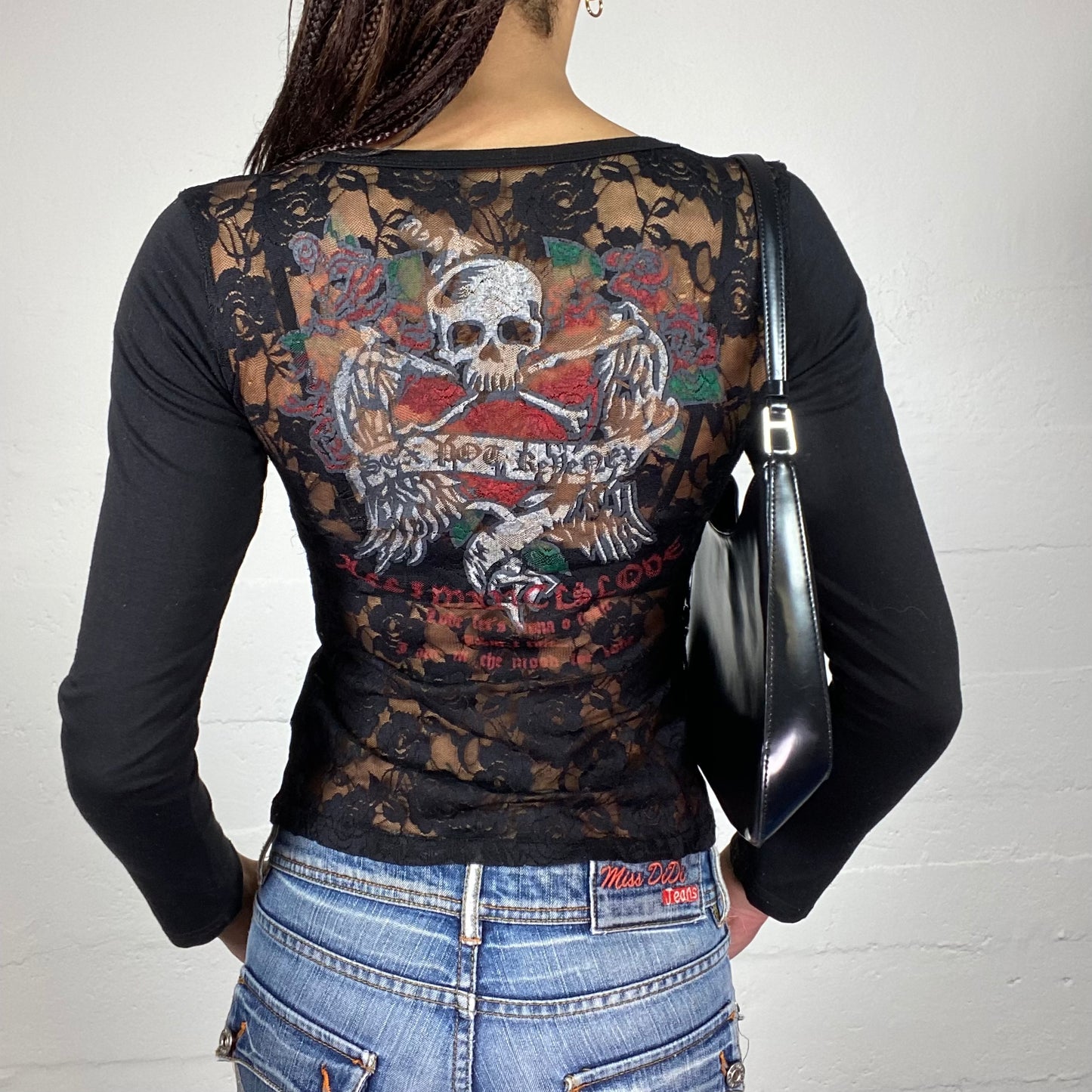Vintage 2000's Ed Hardy inspired Rave Black Longsleeve Top with Roses and Skull Tattoo Print (S)
