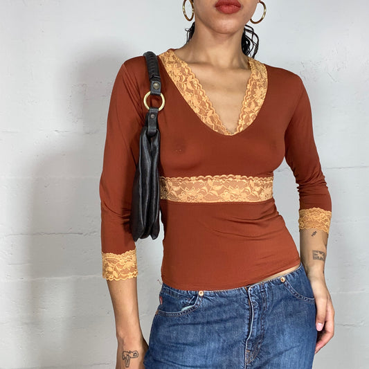 Vintage 2000's Rachel Green Brown Top with Mustard Lace Trim Detail (S)