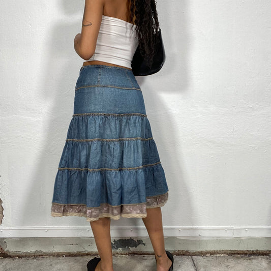 Vintage 90's Phoebe Buffay Denim Midi Volant Skirt with Lace Part Detail (XS)