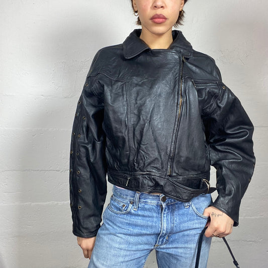Vintage 2000's Downtown Girl Black Short Leather Oversized Zip Up Biker Jacket (XL)