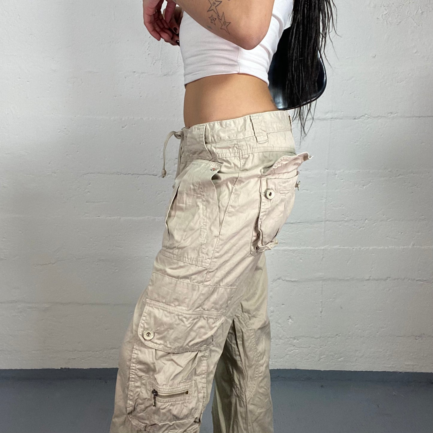 Vintage 2000's Cyber Beige Low Waist Cargo Pants with Big Pockets Detail (S)