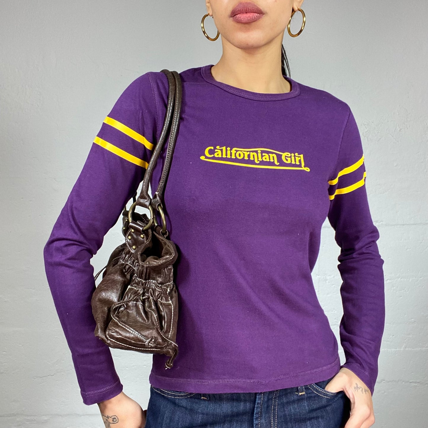 Vintage 2000's College Girl Purple Longsleeve Top with Yellow "Californian Girl" Print (S)