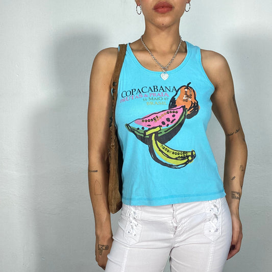 Vintage 2000's Funky Turquoise Tank Top with Fruit Print (S/M)