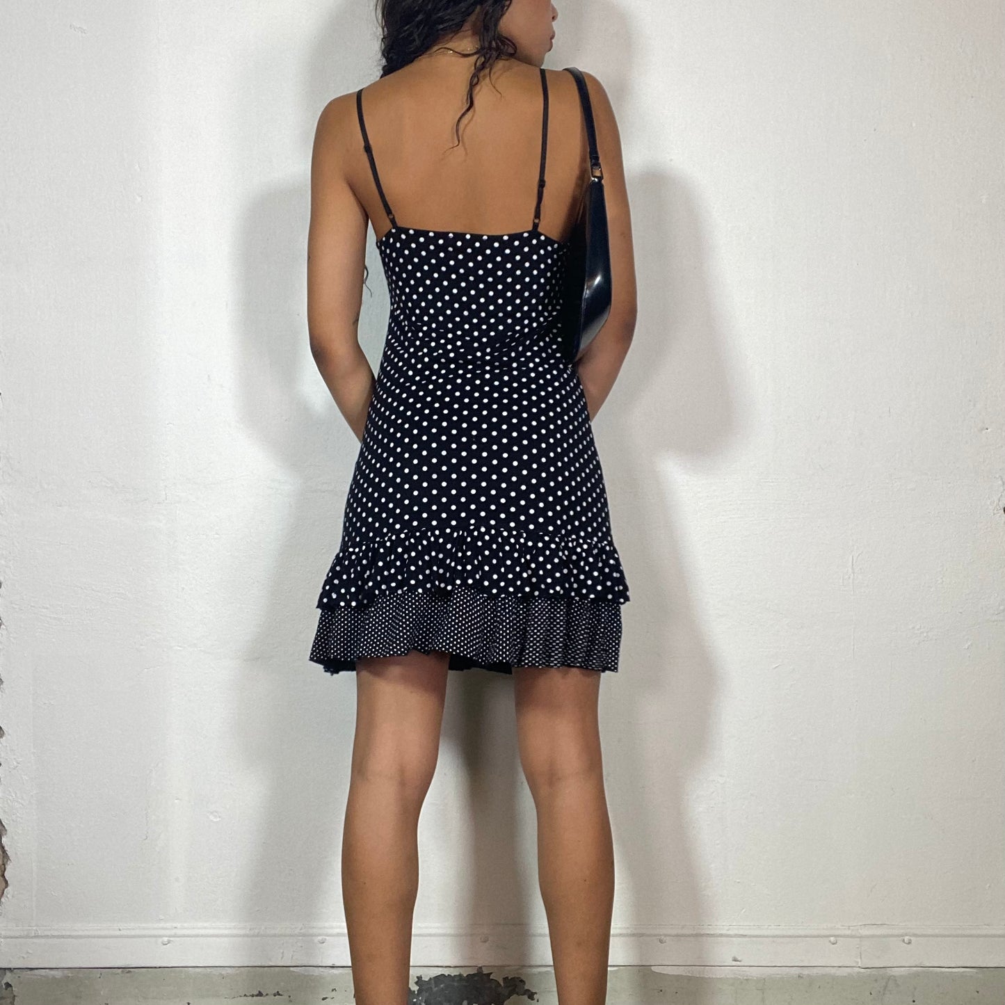 Vintage 2000's Italian Summer White and Black Polkadots Dress with Bow & Frilled Detail (XS)