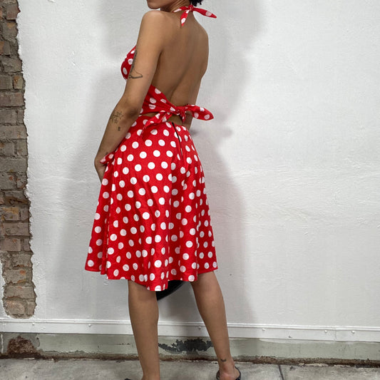 Vintage 90's Pin Up Girl Red Halter Neck Polka Dot Dress with Bow Detail (S)