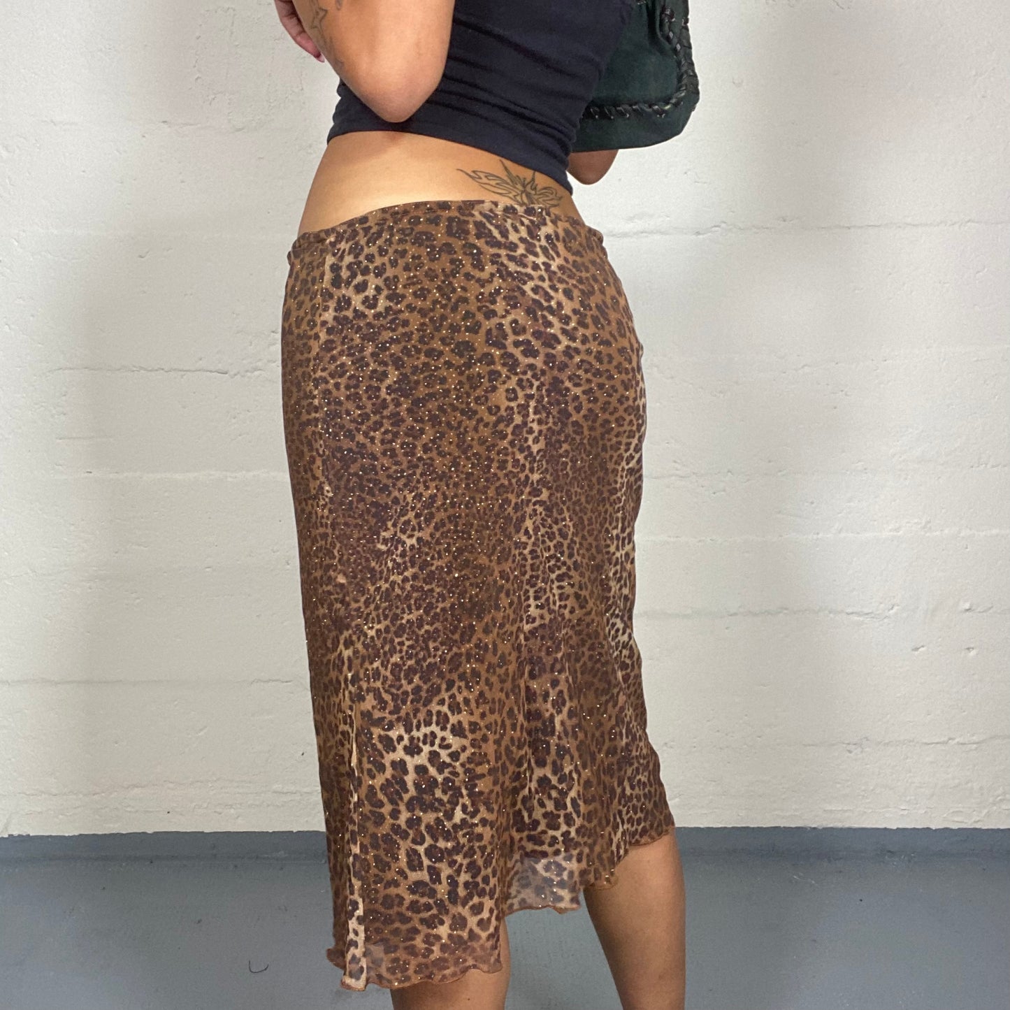 Vintage 90's Janice Brown Pencil Midi Skirt with Leopard Print with Glitter Detail (S)