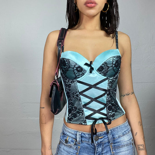 Vintage 2000's Festival Turquoise Corset Top with Black Lace and Ribbon Detail (S)