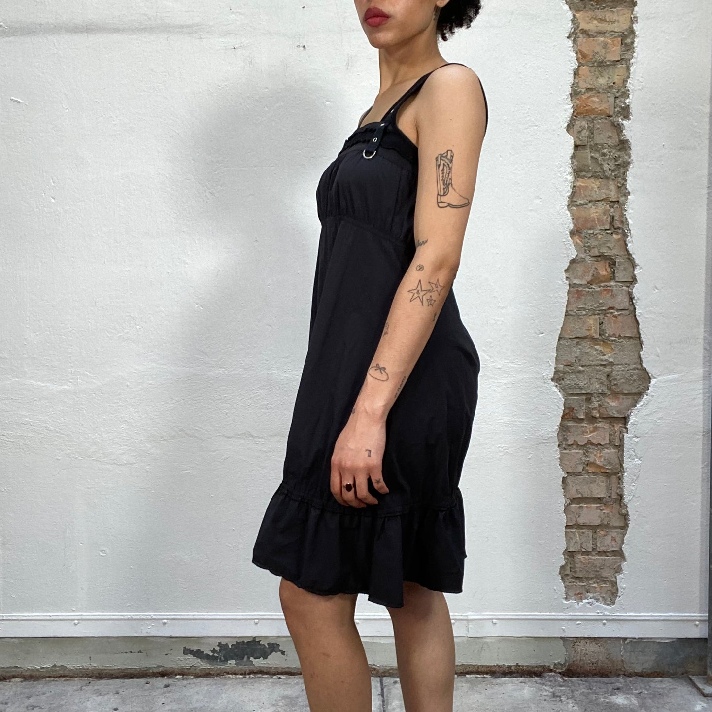 Vintage 2000's Babydoll Black Midi Dress with Studs Detail (M)