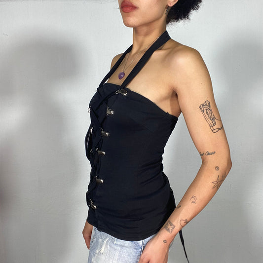 Vintage 2000's Gothic Black Halter Neck Top with Buckle Lace Up Detail (S)