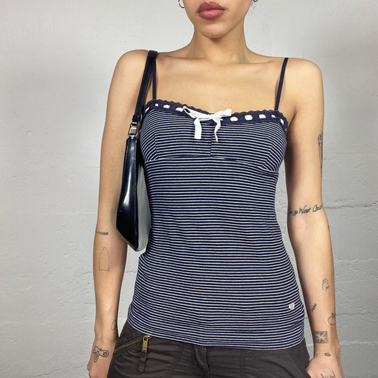 Vintage 90's Soft Girl Navy Blue Top with Stripes Print and White Ribbon Detail (S/M)