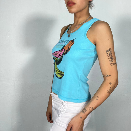 Vintage 2000's Funky Turquoise Tank Top with Fruit Print (S/M)