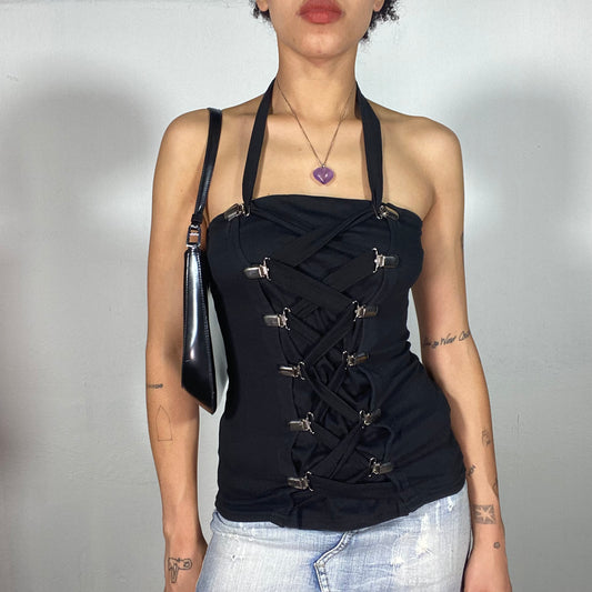 Vintage 2000's Gothic Black Halter Neck Top with Buckle Lace Up Detail (S)