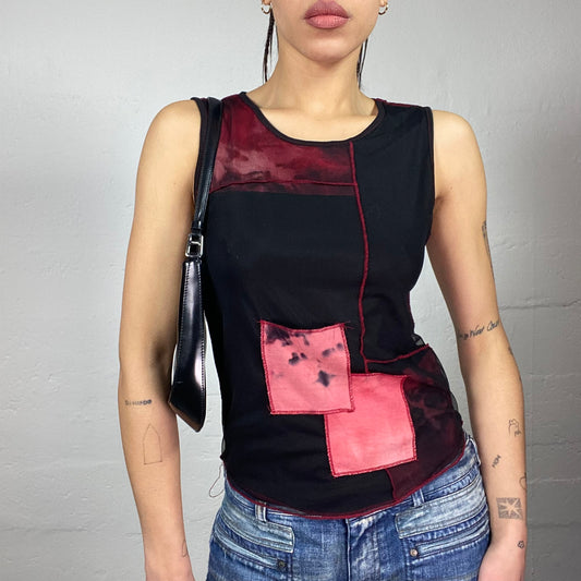 Vintage 2000's Hippie Black Top with Red Tie Dye Print Patches Detail (S)