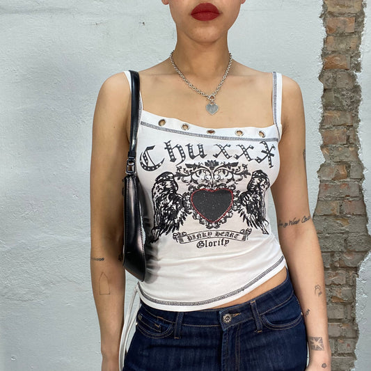 Vintage 90's Gothic White Top with Eyelets Details and Winged Heart Print (S/M)