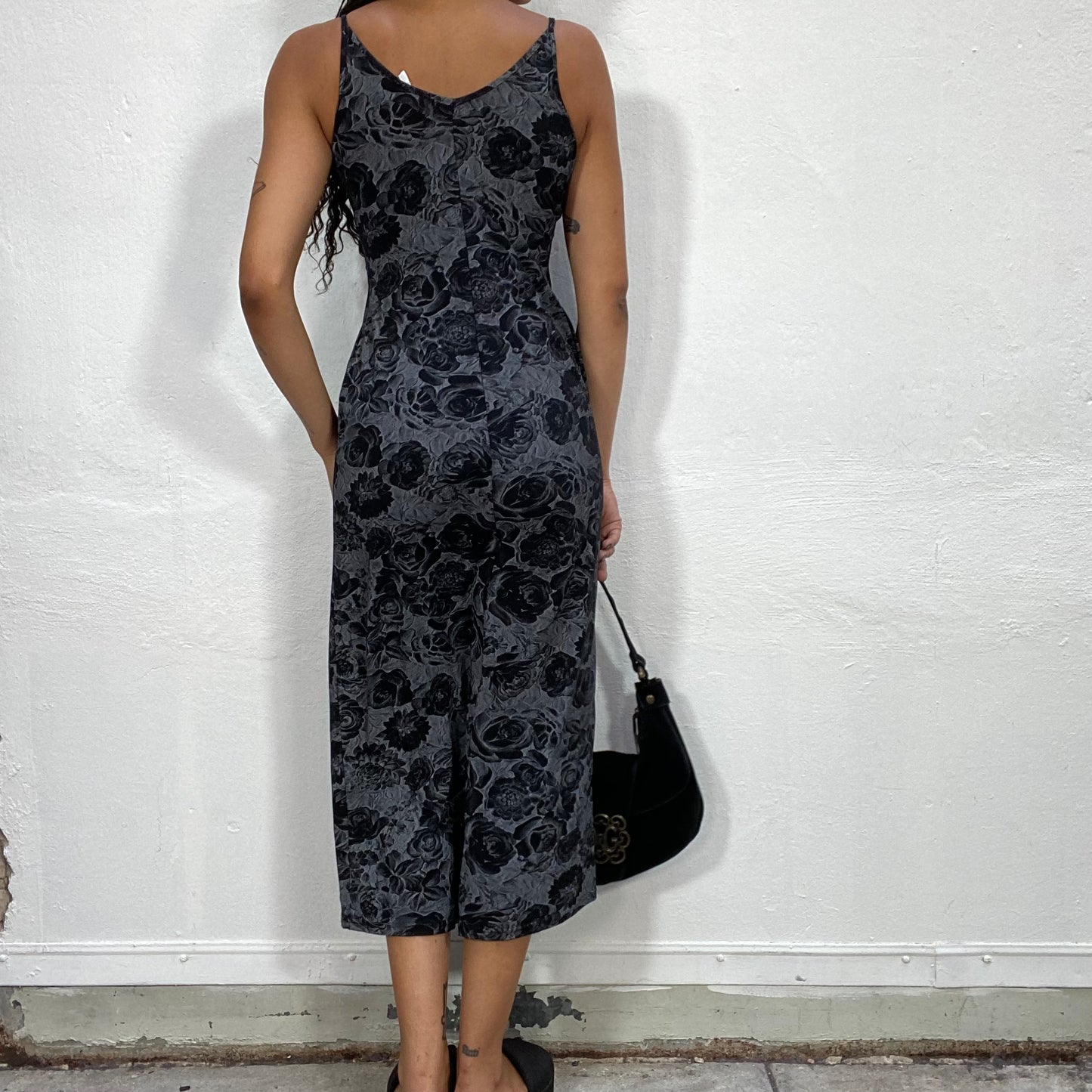 Vintage 90's Phoebe Buffay Grey Maxi Dress with Black Rose Print (S)