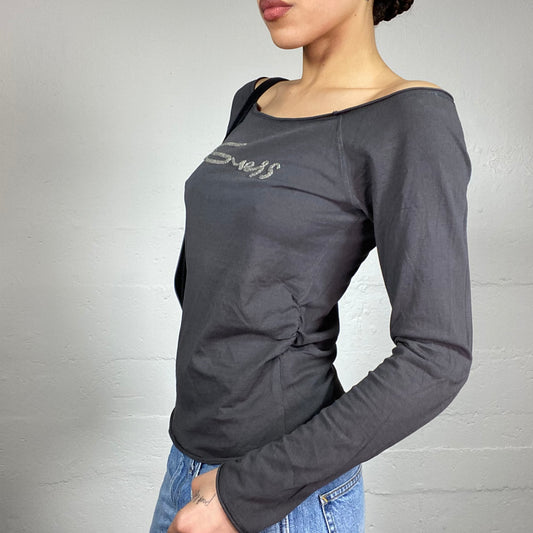 Vintage 2000's Guess Downtown Girl Grey Longsleeve Open Collar Top with Brand Print Detail (S)