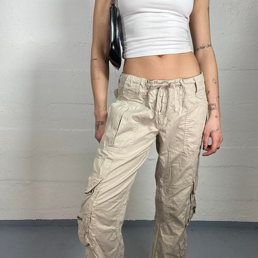 Vintage 2000's Cyber Beige Low Waist Cargo Pants with Big Pockets Detail (S)