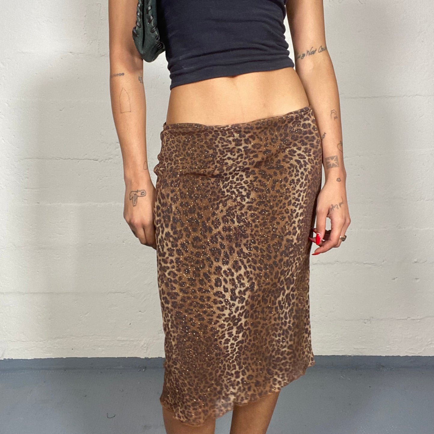 Vintage 90's Janice Brown Pencil Midi Skirt with Leopard Print with Glitter Detail (S)