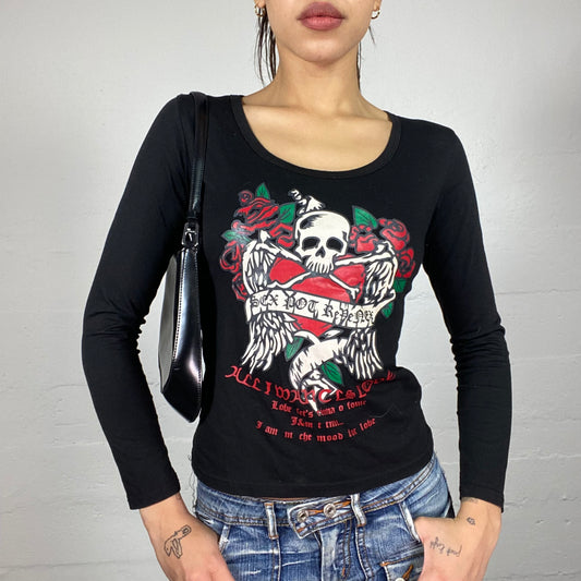 Vintage 2000's Ed Hardy inspired Rave Black Longsleeve Top with Roses and Skull Tattoo Print (S)