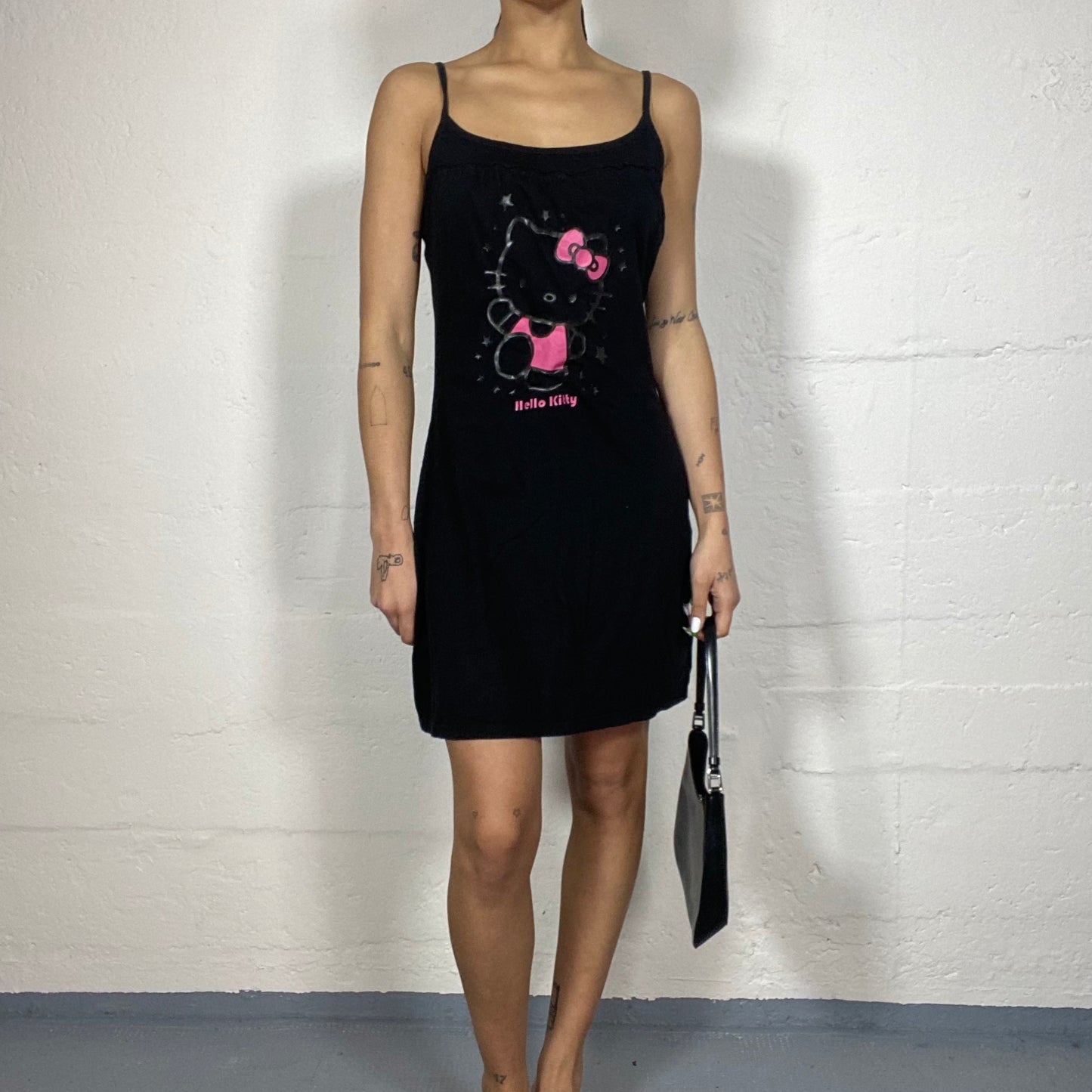 Vintage 2000's Hello Kitty Cute Black Cami Dress with Fuchsia Cartoon Print (M)