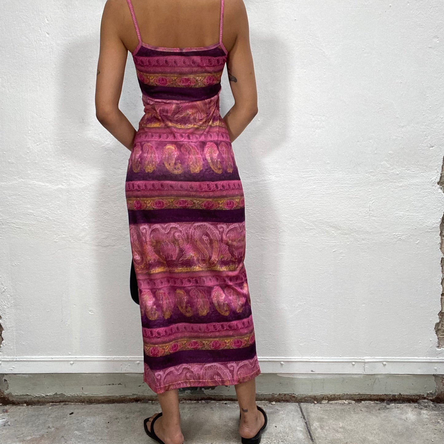 Vintage 90's Indie Pink Maxi Body Con Dress with Paisley Print (S)