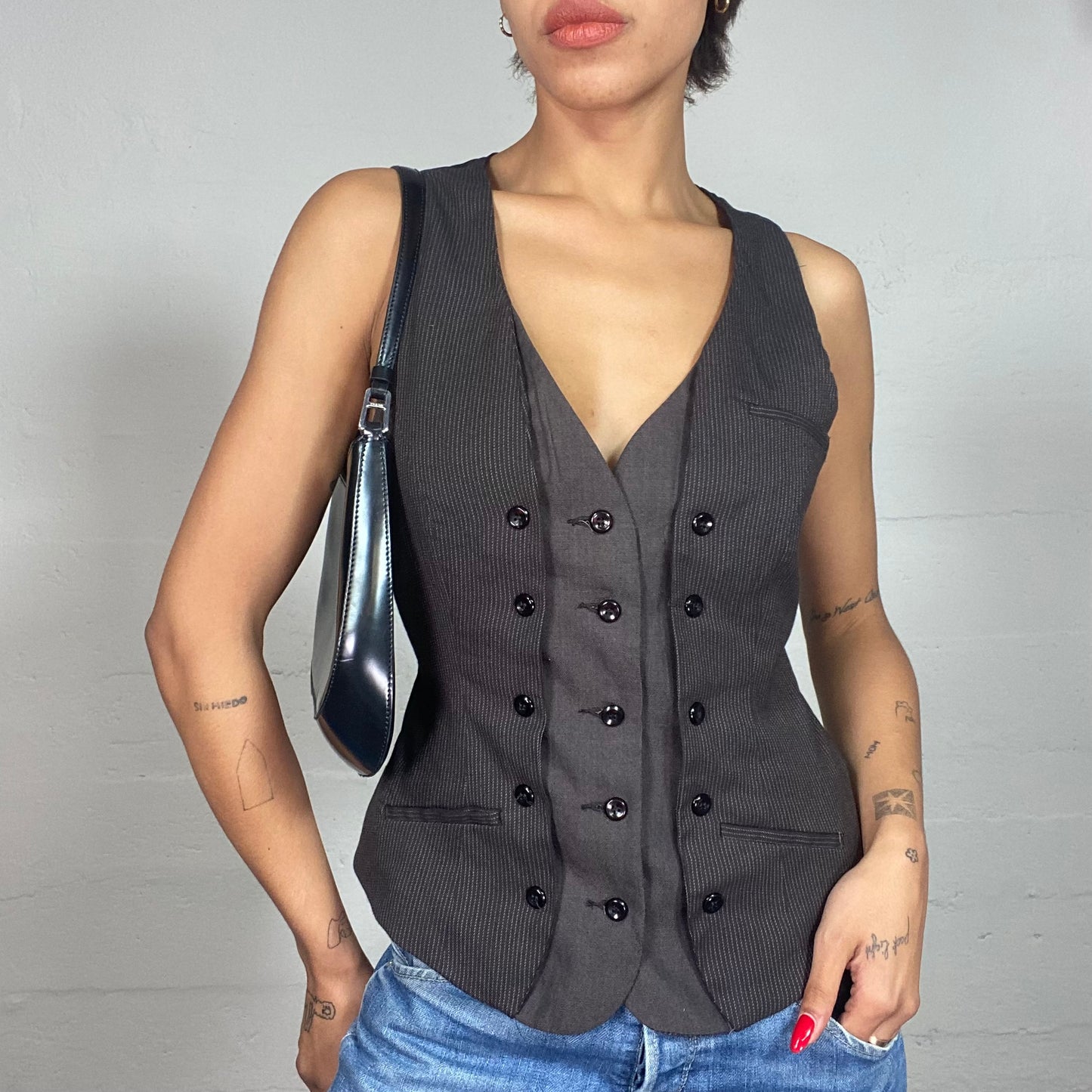 Vintage 90's Office Girl Grey Vest Top with Layered Fit and Buttons Detail (S/M)