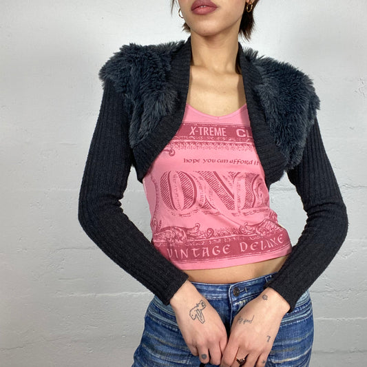 Vintage 2000's Ballet Grey Maille Bolero Cardigan with Faux Fur Covering Detail (M)