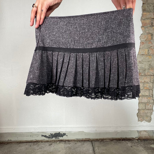 Vintage 2000's Coquette Grey Wool Mini Skirt with Ribbon and Lace Detail (XS)