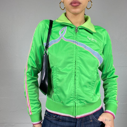 Vintage 90's Pepe Jeans Sporty Neon Green Racers Jacket with Decorative Grey Trim (S)