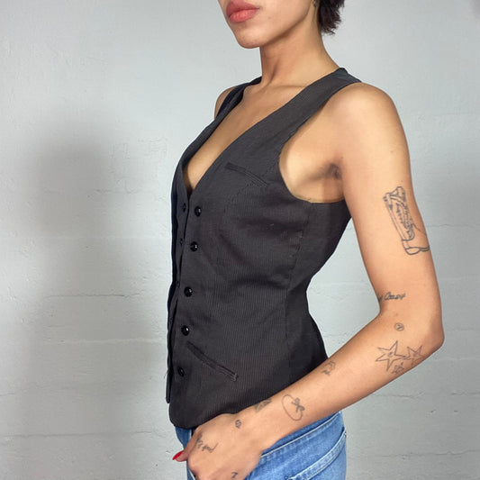 Vintage 90's Office Girl Grey Vest Top with Layered Fit and Buttons Detail (S/M)