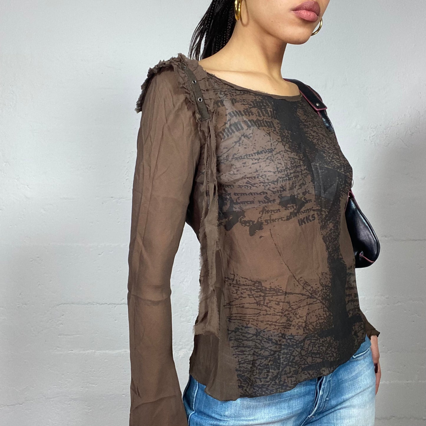 Vintage 2000's Ikks Rave Brown Mesh Longsleeve Top with Tree Print (S)