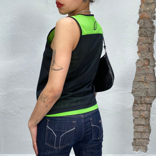 Vintage 90's Streetstyle Black and Green Tricot Mesh Tank Top (S/M)