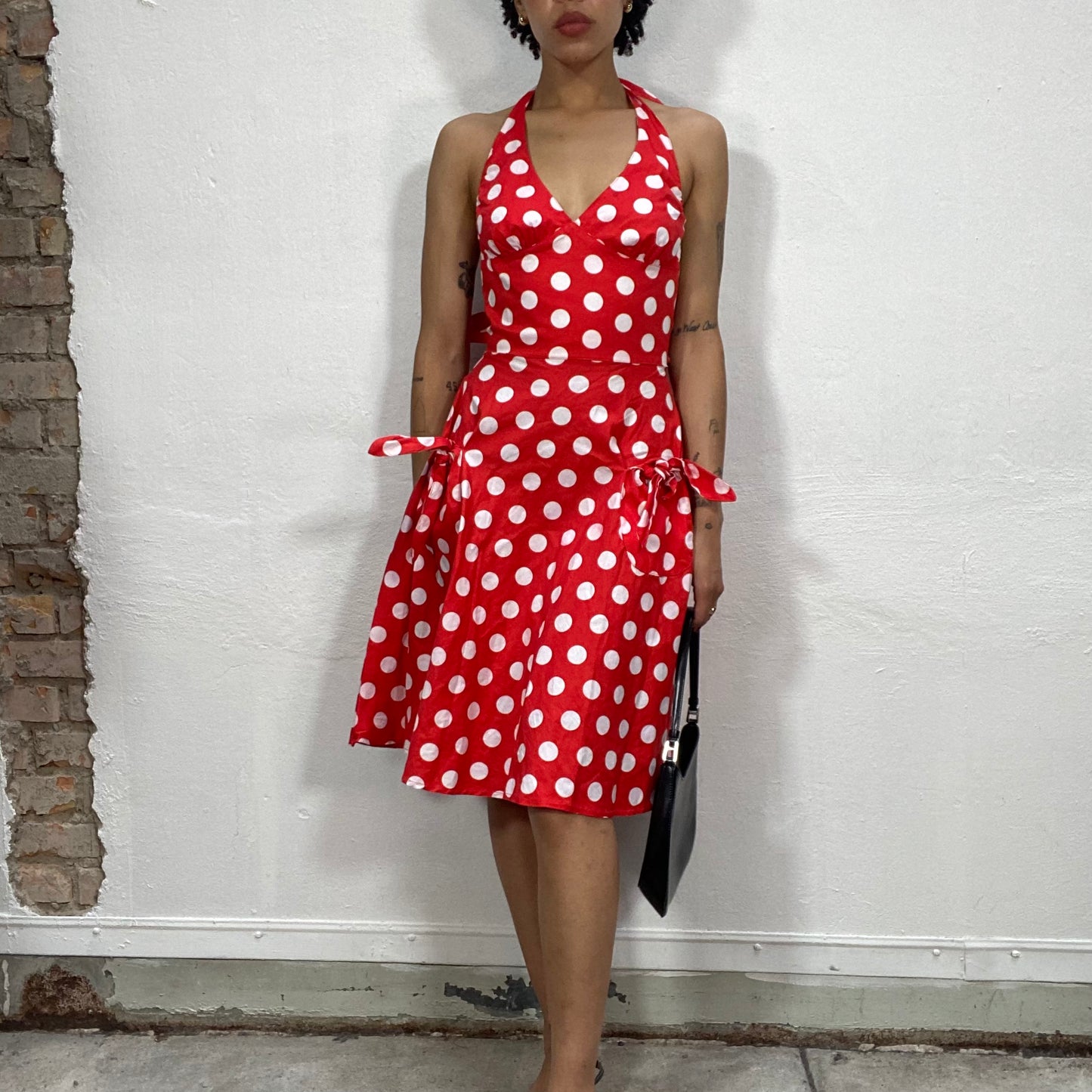 Vintage 90's Pin Up Girl Red Halter Neck Polka Dot Dress with Bow Detail (S)