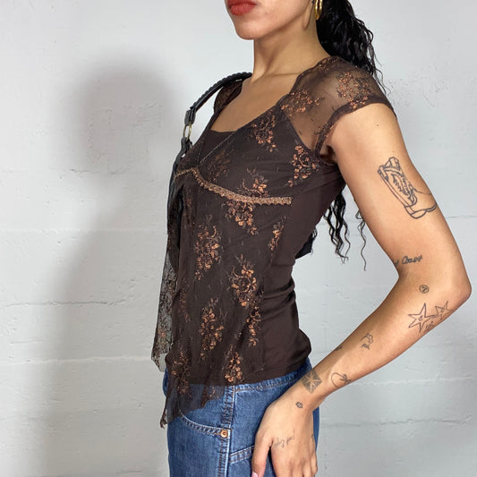 Vintage 90's Whimsigoth Brown Layered Top with Lace and Glittery Open Part (S)