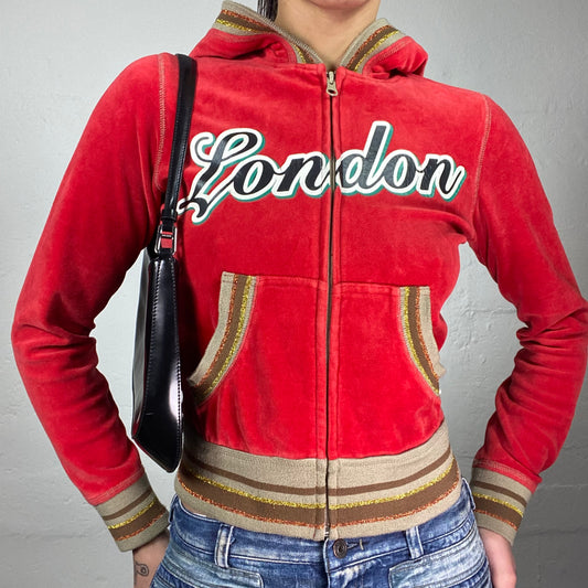 Vintage 2000's London Pepe Jeans Sporty Red Velvet Zip Up Jacket with Glitter Stripes Detail (S/M)
